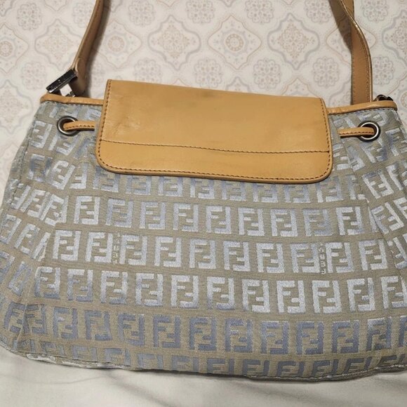 FENDI Zucchino Pattern Drawstring Handbag Purse Gray Canvas Leather - Picture 4 of 13